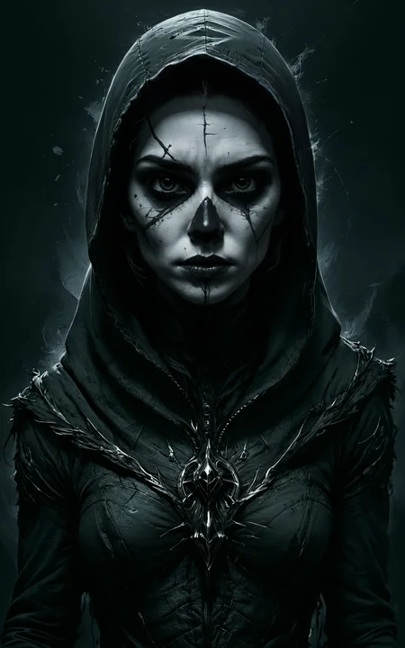 Horror-themed concept art (((black and white charcoal sketch))),woman assassin,hooded,masked,breathtaking impress me by creating an award-winning photograph exploring an original and unconventional theme that captivates and amazes the viewer. Push boundaries of traditional concepts,infusing the image with creativity and wonder,leaving a lasting impression on those who behold it,32K,absurdres,intricately detailed,. award-winning,professional,highly detailed . digital artwork,illustrative,painterly,matte painting,highly detailed,<lora:- SDXL - vant_blk_contrast_V2.0:1>,vivid contrast,<lora:detailed_notrigger:1>,approaching perfection,dynamic,highly detailed,smooth,sharp focus,art by Carne Griffiths and Wadim Kashin,trending on artstation,sharp focus,intricate details,highly detailed,by greg rutkowski,mysterious,epic,cinematic, . Eerie, unsettling, dark, spooky, suspenseful, grim, highly detailed