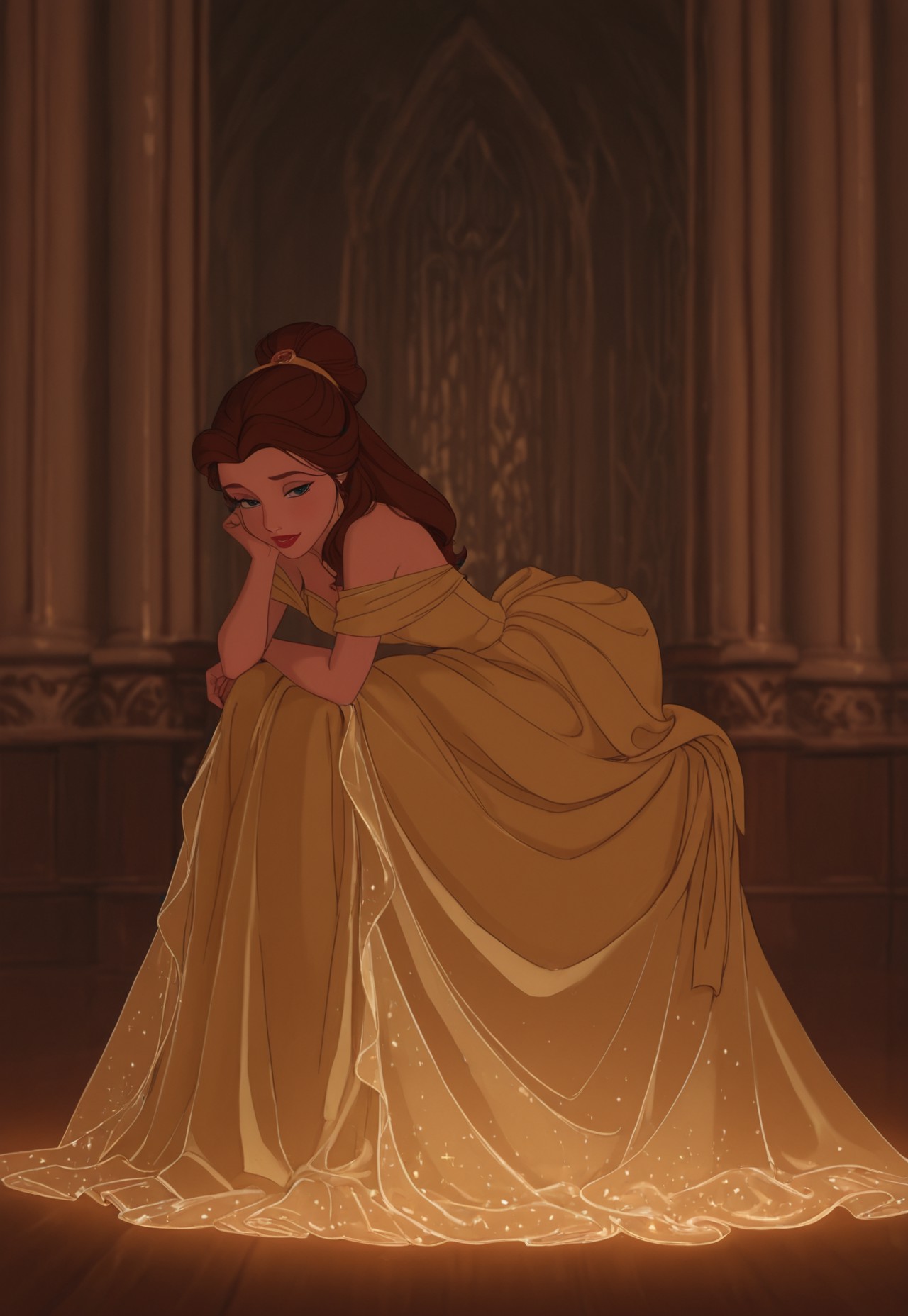 DisneyRenstyle, DISNEY_ANIMATION,
masterpiece, best quality, hyper-realistic, ultra-HD, luminous lighting, cinematic ambiance, shimmering gradients, ethereal glow, deep contrast, rich color tones, seductive atmosphere, captivating sensuality, Cinematic Lighting, (belle \(beauty and the beast\),:1.3)
raytracing, volumetric lighting, ambient occlusion, Background, girl, solo, dress, sitting,leaning forward,
