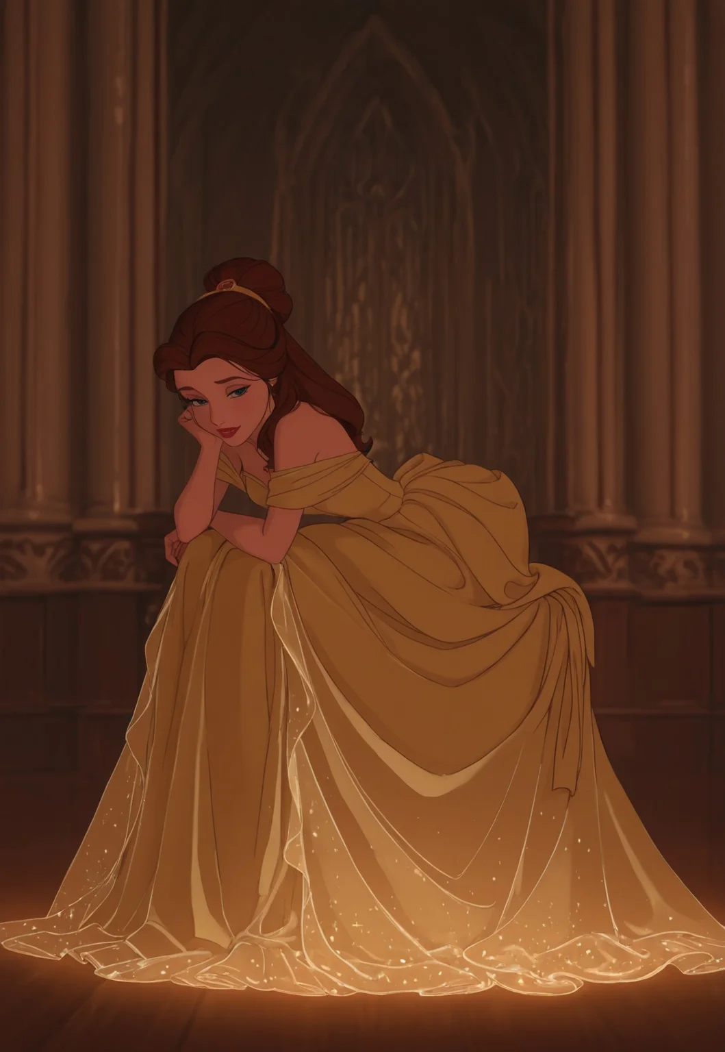 DisneyRenstyle, DISNEY_ANIMATION,
masterpiece, best quality, hyper-realistic, ultra-HD, luminous lighting, cinematic ambiance, shimmering gradients, ethereal glow, deep contrast, rich color tones, seductive atmosphere, captivating sensuality, Cinematic Lighting, (belle \(beauty and the beast\),:1.3)
raytracing, volumetric lighting, ambient occlusion, Background, girl, solo, dress, sitting,leaning forward,
