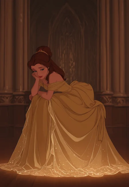 DisneyRenstyle, DISNEY_ANIMATION,
masterpiece, best quality, hyper-realistic, ultra-HD, luminous lighting, cinematic ambiance, shimmering gradients, ethereal glow, deep contrast, rich color tones, seductive atmosphere, captivating sensuality, Cinematic Lighting, (belle \(beauty and the beast\),:1.3)
raytracing, volumetric lighting, ambient occlusion, Background, girl, solo, dress, sitting,leaning forward,
