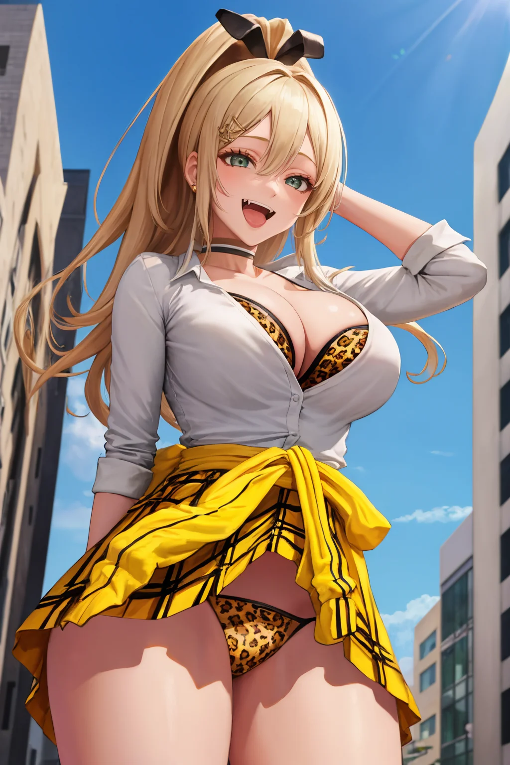 masterpiece, best quality, 1girl, solo, <lora:rupee-nikke-richy-v1:1> rupeedef, white shirt, skirt, hair ornament, hair clip, underwear, leopard print, cleavage, jewelry, choker, smile, open mouth, standing, street, fang, arms at sides, panties, from below, clothes around waist, ponytail