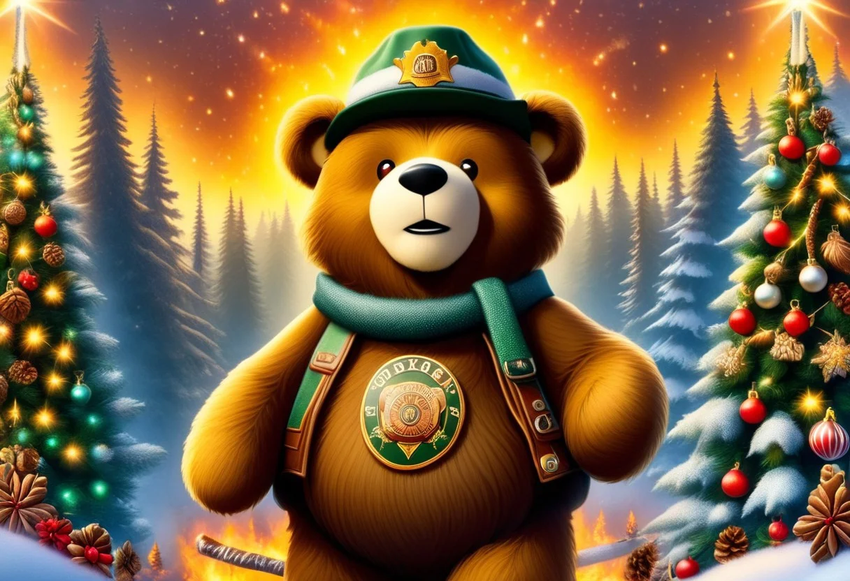 Candid photography, (Smokey The Bear), smoking cigarette, pointing at camera, forest of decorated christmas trees on fire, High detail, cinematic lighting, vibrant colors, and a holiday atmosphere brimming with decorations, (masterpiece, best quality:1.2), xmastedx