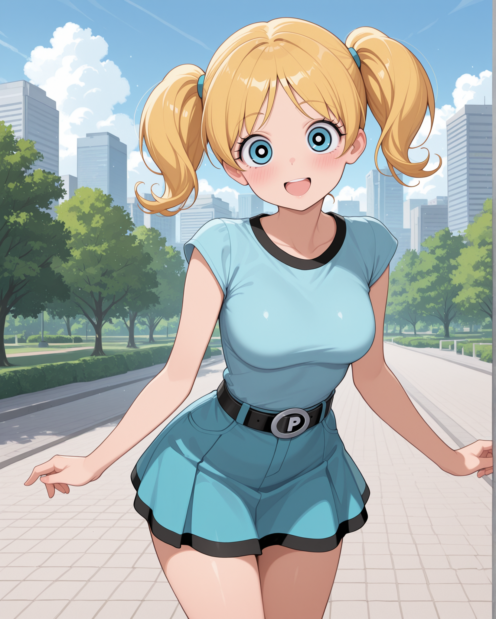 masterpiece, best quality, 1girl, solo, bubbles (powerpuff girls), blonde hair, blue eyes, pigtails, looking at viewer, breasts, standing, cowboy shot, <lora:Aged_up_Powerpuff_Girls:1> smile, blush, open mouth, outdoors, park, trees, cityscape, clouds, sky, skirt, belt,