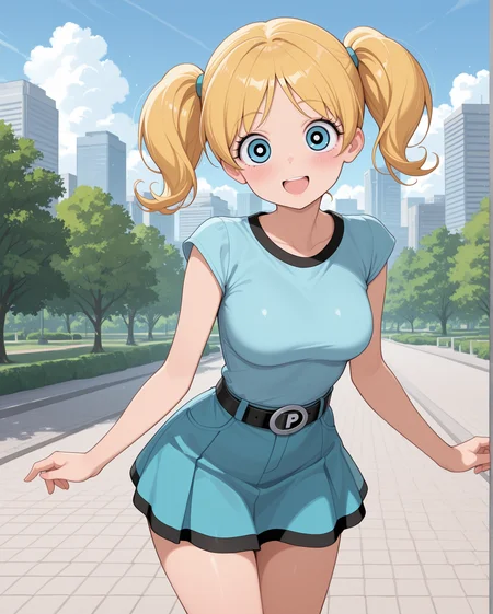 masterpiece, best quality, 1girl, solo, bubbles (powerpuff girls), blonde hair, blue eyes, pigtails, looking at viewer, breasts, standing, cowboy shot, <lora:Aged_up_Powerpuff_Girls:1> smile, blush, open mouth, outdoors, park, trees, cityscape, clouds, sky, skirt, belt,