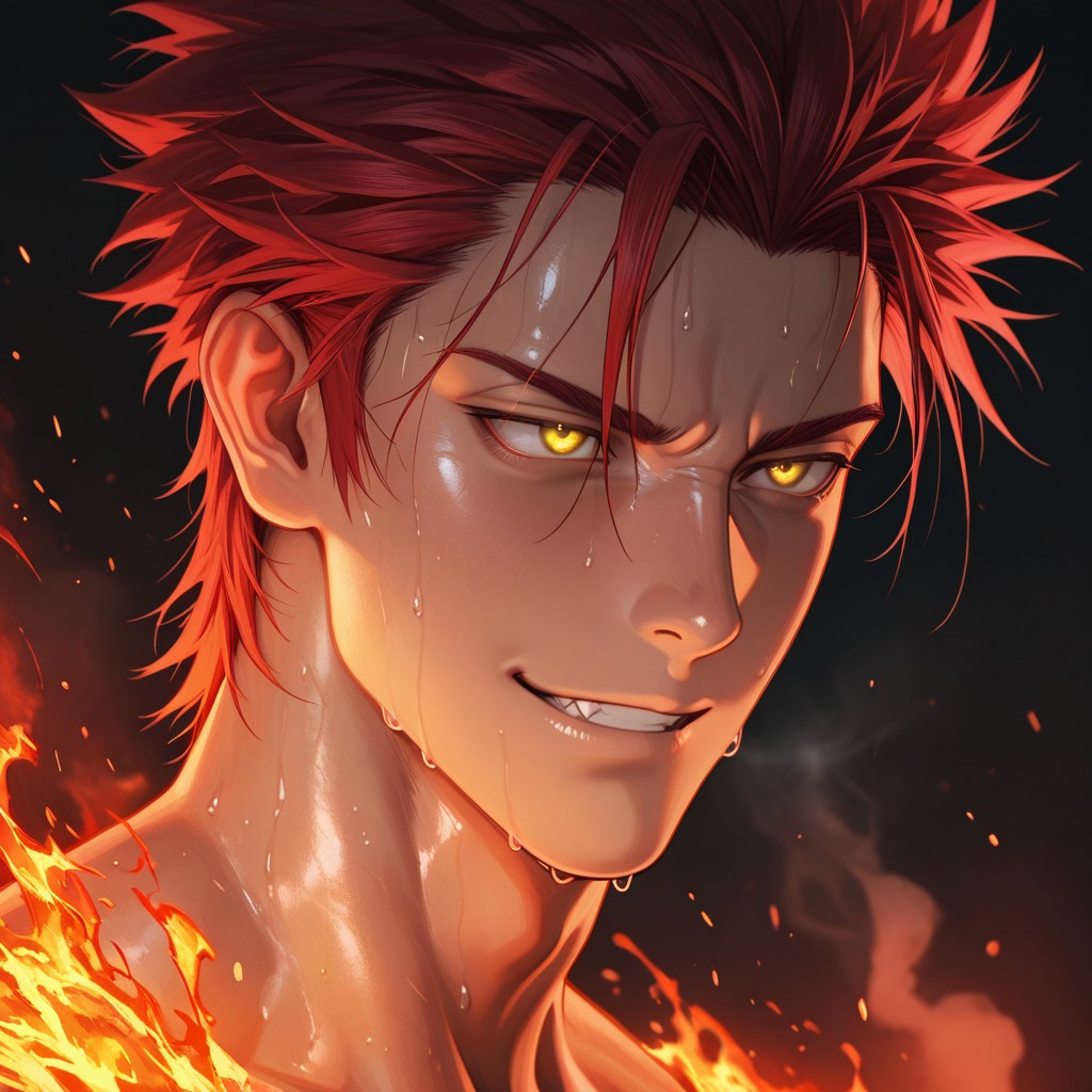 masterpiece, best quality, amazing quality, absurdres, newest, detailed background, definition so sharp, Ultra-HD, 8K cinematic, very awa, impressionate, amazing quality, highres, 
solo, male focus, manly, 
1boy, spiked hair, short hair, mikoto_red hair, mikoto_yellow eyes, mikotosuoh, close up, eye contact, intense gaze, sweat, slight smirk, fire \(effect\), glowing, dark background, embers, smoke, raw power, contained, smoldering, dangerous