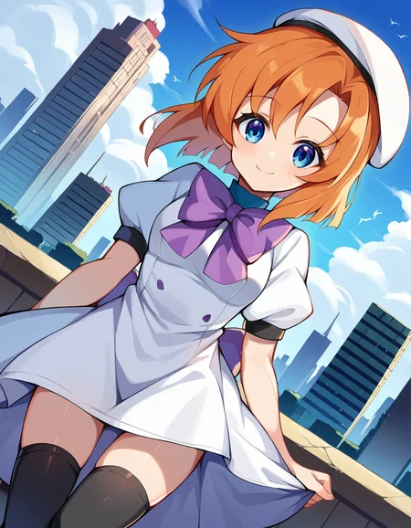 score_9, score_8_up, score_7_up, source_anime,
renaryuuguu, <lora:rena-ryuuguu-ponyxl-lora-nochekaiser:1>,
rena ryuuguu, orange hair, short hair, blue eyes,
beret, black thighhighs, bow, bowtie, dress, hat, puffy short sleeves, puffy sleeves, purple bow, purple bowtie, short sleeves, thighhighs, white dress, zettai ryouiki,
outdoors, cityscape, smile,
looking at viewer, dutch angle, cowboy shot,