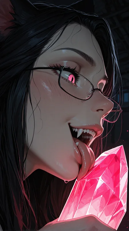 masterpiece, best quality, very aesthetic,amazing quality,ultra-detailed,8K,illustration, absurdres,detailed_skin,artist: incase,retouched,
BREAK,
petite, pale_skin, fangs, pink_eyes,long_hair, black_hair, cat_ears, licking crystal, ((crystal)), portrait, smile, holding_crystal, looking_at_crystall, glasses, taking_notes,
BREAK,
realistic background, night, laboratory, candles,side view,