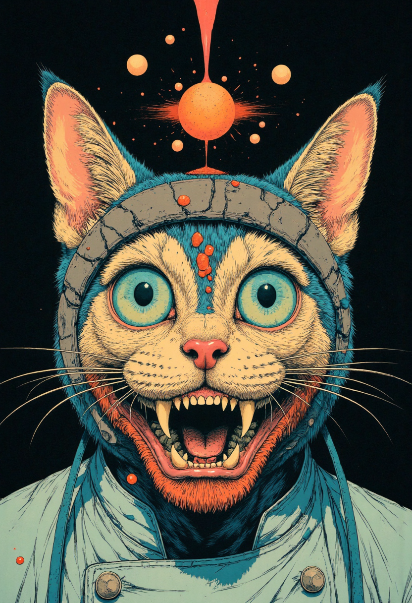 In a masterful digital painting, the subject is an eerie and haunting extreme close-up of the face of a male meowscular chef. With a wizardess circlet perched upon his head, he exudes a weathered, menacing, and surreal appearance that creates an unsettling impression. The chef's unnerving smile is accompanied by striking eyes that pierce through the darkness, while grotesque features such as sinewy muscles, exaggerated cheekbones, and a jagged jawline complete his unsettling visage. The hyper-detailed linework showcases expert use of light and shadow to create a macabre atmosphere, further emphasizing the chef's unnatural and otherworldly appearance. The image is rendered with intricate details that bring every sinew and vein to life, adding an extra layer of horror and suspense to this striking piece of surreal artwork., <lora:neil-krug-flux1-dev-v1-000082:0.5> in the style of neil-krug,<lora:openart_Teal_Sunset_III_20250115_084643:0.5>,<lora:Eldritch_Photography_for_Flux_1.2.3:0.5>,<lora:franck-bohbot-flux1-dev-v1-000058:0.5> in the style of franck-bohbot
