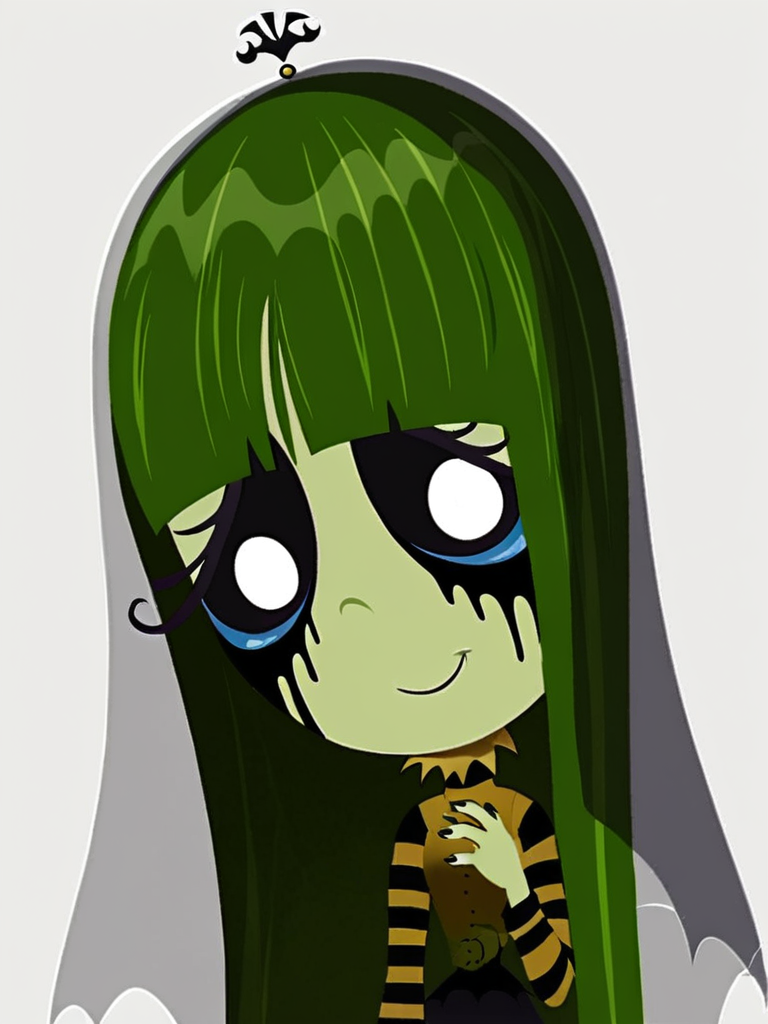 score_9, score_8_up, score_7_up,  
1girl, misery gloom, very long hair, green hair, blunt bangs, green skin, black sclera, white eyes, half-closed eyes, runny makeup, 

veil, green t-shirt, striped shirt, long sleeves, striped legwear, black skirt,

smile, closed mouth, looking at viewer, hand on own chest, black nails, upper body, 