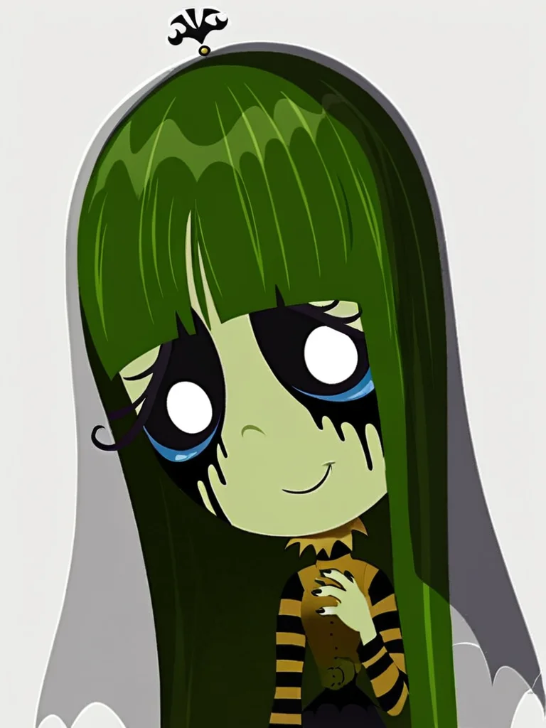 score_9, score_8_up, score_7_up,
1girl, misery gloom, very long hair, green hair, blunt bangs, green skin, black sclera, white eyes, half-closed eyes, runny makeup,
veil, green t-shirt, striped shirt, long sleeves, striped legwear, black skirt,
smile, closed mouth, looking at viewer, hand on own chest, black nails, upper body,
