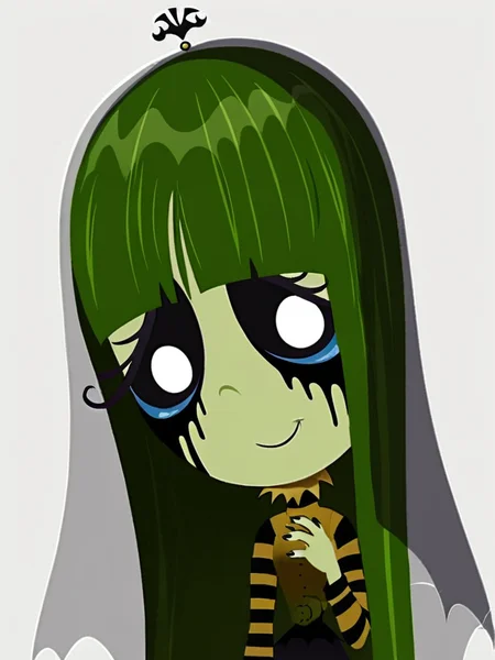score_9, score_8_up, score_7_up,
1girl, misery gloom, very long hair, green hair, blunt bangs, green skin, black sclera, white eyes, half-closed eyes, runny makeup,
veil, green t-shirt, striped shirt, long sleeves, striped legwear, black skirt,
smile, closed mouth, looking at viewer, hand on own chest, black nails, upper body,