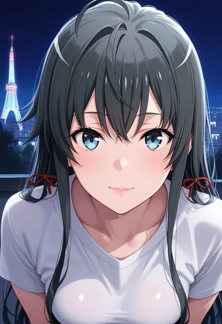 (Best quality , 8K , masterpiece) , Best illustration , Yukinoshita Yukino, 1girl, medium breasts, soft smile, detailed lips, soft lips, glossy lips, pink lips, white t-shirts, ((looking for viewers)), tower, night