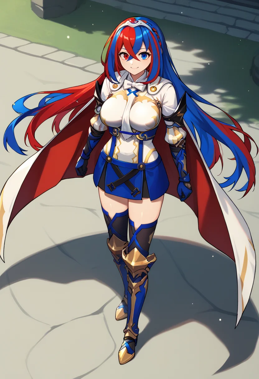 score_9, score_8_up, score_8_up, source_anime BREAK 1girl, solo, <lora:alear-fe-richy-v1_pdxl:1> aleardef, heterochromia, blue eyes, red eyes, multicolored hair, red hair, blue hair, very long hair, braid, crossed bangs, very long hair, tiara, bowtie, armor, suspenders, blue skirt, thighhighs, gloves, thighhighs, cape, large breasts, smile, outdoors, fantasy, looking at viewer, full body, zettai ryouiki