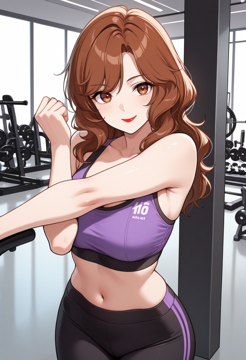 masterpiece, best quality, 1girl, solo, looking at viewer, cowboy shot, smile, gym, stretching
purple sports bra, black yoga pants
 <lora:zs_OharaILLU:1> oharamt, brown hair, long hair, brown eyes, red lipstick