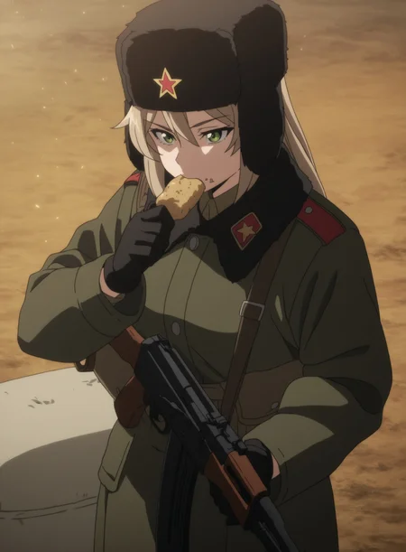 nrhd2, 1girl, black gloves, (light-brown_hair), (green_eyes), coat, eating, field ration, fur hat, green coat, hat, military, military uniform, red star, sandbag, ak-47, kalashnikov_rifle, assault_rifle, rifle, akms, gun, akm, solo, soviet, soviet army, leather_strap, holding_weapon, holding_rifle, holding_gun, half body, star_(symbol), ushanka, weapon, subsurface scattering, light particles, detailed lighting, masterpiece, detailed shading, masterfully drawn, qhd, best quality, best resolution, sharp focus, very aesthetic, professional render, 4k, latest, <lora:0adcca29-425c-4714-bd92-0ca864d0d218:0.9>