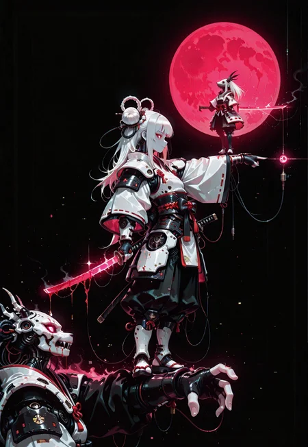 1girl, cybernetic girl, 1other, solo focus, samurai, long hair, white hair, double buns, fanged bangs, Japanese armor, black_gloves, fingerless_gloves, holding weapon, stretched out arm, pointing forward, armor, from_side, full body, profile, blood, night, pale moon, shoulder_armor, full_moon, pauldrons, white_armor, arm_guards, dark_theme, glowing_katana, full_moon, glowing_sword, (monochrome, negative space:1.2), dark, huge red moon, close up, futuristic, cyberpunk, simple background, black background, color key, wire frame, glitch art, painterly, no lineart, no outline, fine art, masterpiece, best quality, good quality, very awa, very aesthetic, absurdres, newest, 8k, high contrast, in the style of cknc, usnr, wat, haiz_ai