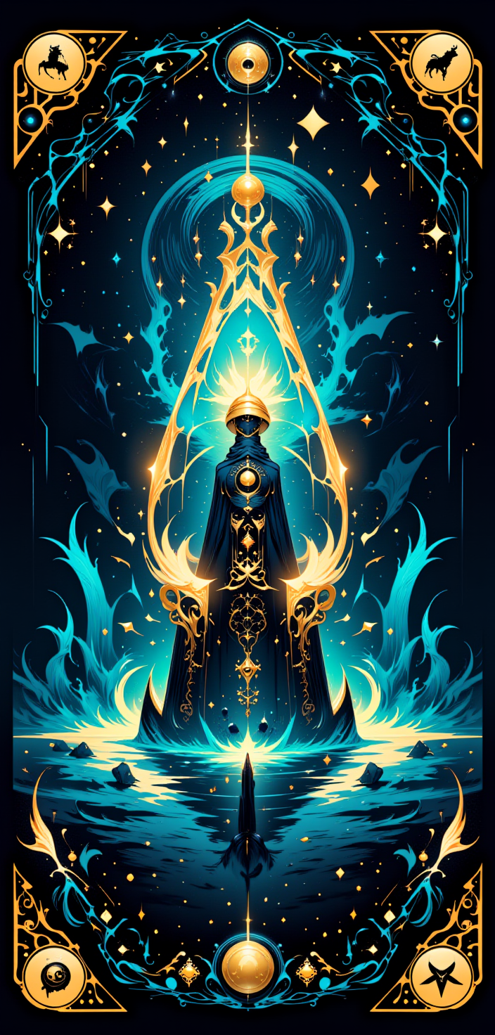 A stylized Tarot card named 'The Astral Mariner,' showcasing a futuristic galleon with ethereal sails, navigating a sea of stars and cosmic clouds. The ship, inspired by the iconic 'Lisette,' glows with an inner light, its hull engraved with intricate runes that pulse in harmony with the rhythm of the universe. The central figure, 'The Mariner,' stands at the bow, dressed in a cloak of stars and holding a glowing orb that radiates with the power of distant galaxies. The border of the card is adorned with symbols of the zodiac, intertwined with luminous, circuit-like patterns that hint at the fusion of ancient knowledge and advanced technology. The color palette is a blend of deep space blacks, radiant blues, and subtle, glowing accents, creating a mystical, otherworldly atmosphere.
<lora:abstract_render_flux:0.4>,<lora:Painted_World_Flux:0.8>,<lora:Dreamwave_FLUX:0.6>,<lora:dreamlands_flux:0.6>,