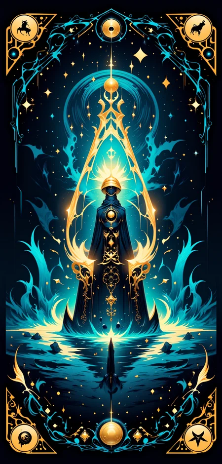 A stylized Tarot card named 'The Astral Mariner,' showcasing a futuristic galleon with ethereal sails, navigating a sea of stars and cosmic clouds. The ship, inspired by the iconic 'Lisette,' glows with an inner light, its hull engraved with intricate runes that pulse in harmony with the rhythm of the universe. The central figure, 'The Mariner,' stands at the bow, dressed in a cloak of stars and holding a glowing orb that radiates with the power of distant galaxies. The border of the card is adorned with symbols of the zodiac, intertwined with luminous, circuit-like patterns that hint at the fusion of ancient knowledge and advanced technology. The color palette is a blend of deep space blacks, radiant blues, and subtle, glowing accents, creating a mystical, otherworldly atmosphere.
<lora:abstract_render_flux:0.4>,<lora:Painted_World_Flux:0.8>,<lora:Dreamwave_FLUX:0.6>,<lora:dreamlands_flux:0.6>,