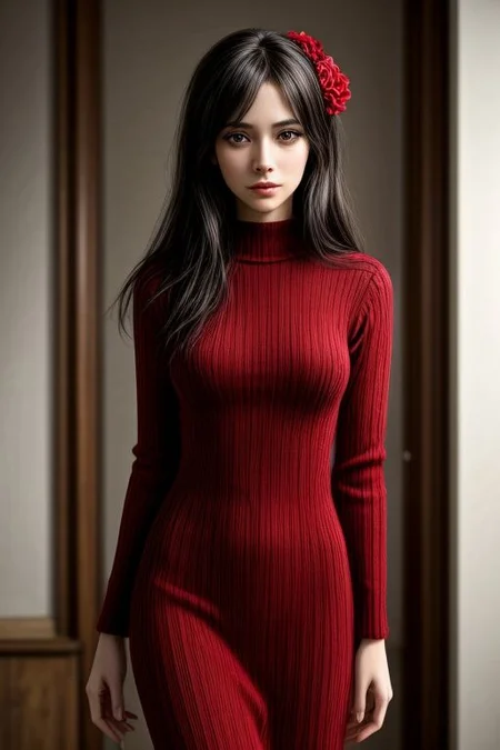 Hypersexual, hyper pretty woman, woman is 30 years old, milf, flowers in hair, wear long closed knitting dress, red dress, (red openwork knitting eyes mask:0.2), medium breast, hyper realistic,