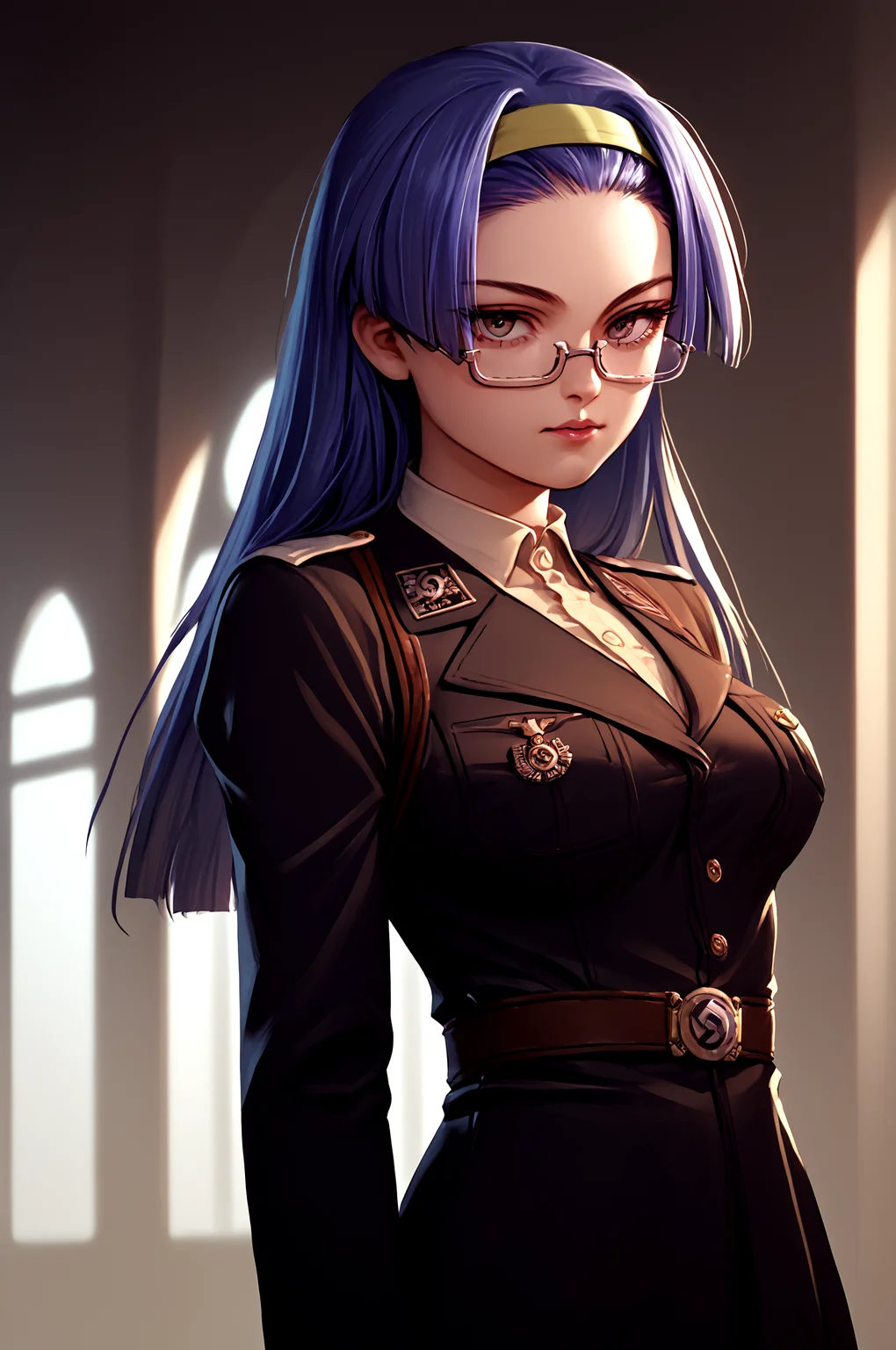 score_9, score_8_up, score_7_up, score_6_up, score_5_up, score_4_up, (high quality, detailed, beautiful) arrester_blanket, glasses, hairband <lora:Arrester Blanket_epoch_9:1> cowboy_shot, solo, <lora:BMU:1> bmu, military uniform