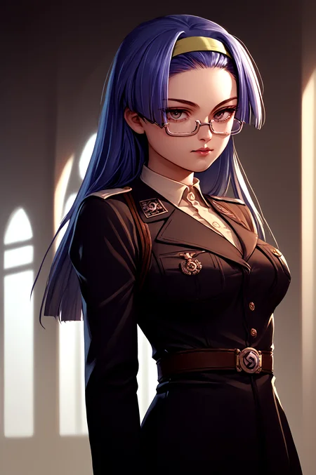 score_9, score_8_up, score_7_up, score_6_up, score_5_up, score_4_up, (high quality, detailed, beautiful) arrester_blanket, glasses, hairband <lora:Arrester Blanket_epoch_9:1> cowboy_shot, solo, <lora:BMU:1> bmu, military uniform