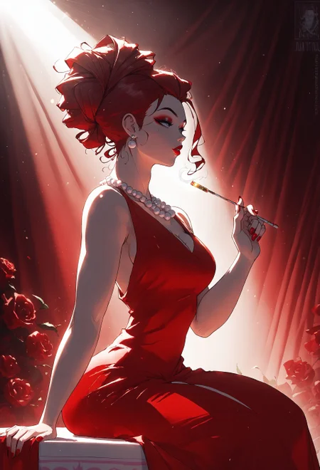 score_9, score_8_up, score_8,
1girl, solo,
huge thick thighs,
huge boobs, perfect body, lithe body,
(woman in red dress:1.6), (pearl necklace:1.4), (1920s hairstyle:1.4), elegant makeup, sitting in cabaret, dim lighting, red and burgundy tones, vintage atmosphere, art deco background, cigarette holder in hand, moody expression, soft shadows, side view, waist-up shot