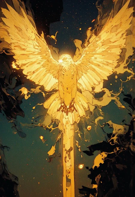 A mystical, divine hawk soars overhead, its feathers glowing with a radiant golden-yellow light. The majestic bird emanates an aura of power and grace, leaving behind a shimmering trail of golden dust and ethereal smoke that swirls in the air. Its wings spread wide, radiating divine energy, as the warm glow contrasts beautifully against the darker, mystical sky. The atmosphere feels enchanted, celestial, and filled with an ancient, otherworldly presence.