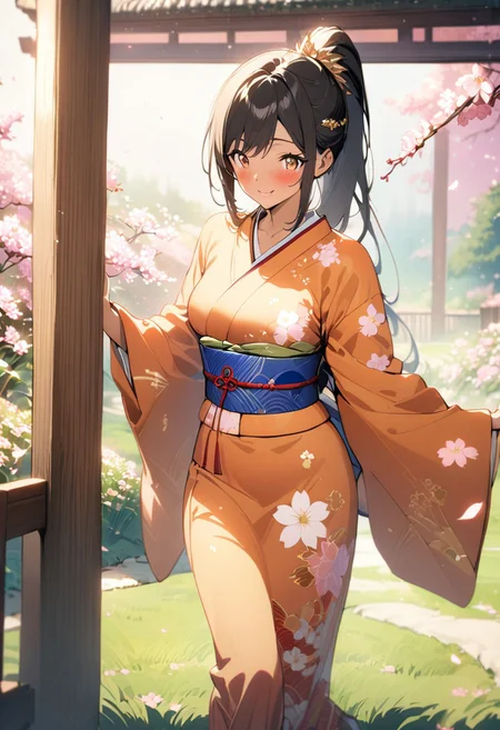 gorgeous lips, cinematic, (masterpiece), (best quality), (ultra-detailed), very aesthetic, illustration, perfect composition, intricate details, absurdres, detailed face, (anime, masterpiece, intricate:1.3), (best quality, hires textures, high detail:1.2), perfect hands, brown eyes,
1girl, very long black hair, high ponytail, side swept bangs, medium breasts, perfect eyes, 8k, highest quality, ultra details,1girl, solo, perfect brown eyes
,(japanese clothes, pastel orange kimono, fancy print, kimono, blue sash, wide sleeves, obi) white socks, sandals, gold leaf hair clip
walking along a garden creek, holding a paper parasol, in a cherry blossom garden, noon time, spring season, falling pink blossom petals, green grass, flowers, vines,
cinematic lighting, blush, smile, happy, looking at side , sparkling eyes, photoshoot, full body shot, dolly shot