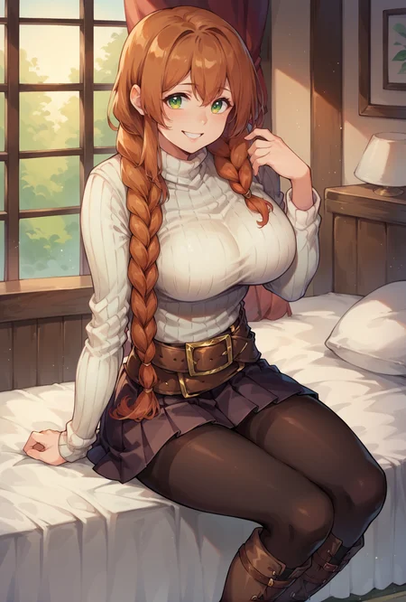 score_9, score_8_up, score_7_up, springhn, 1girl, green eyes, auburn hair, <lora:springfield-pdxl:0.9>,large breasts, smile, white sweater, ribbed sweater, brown pleated skirt, black pantyhose, knee boots, brown belt, single braid, hair over shoulder,