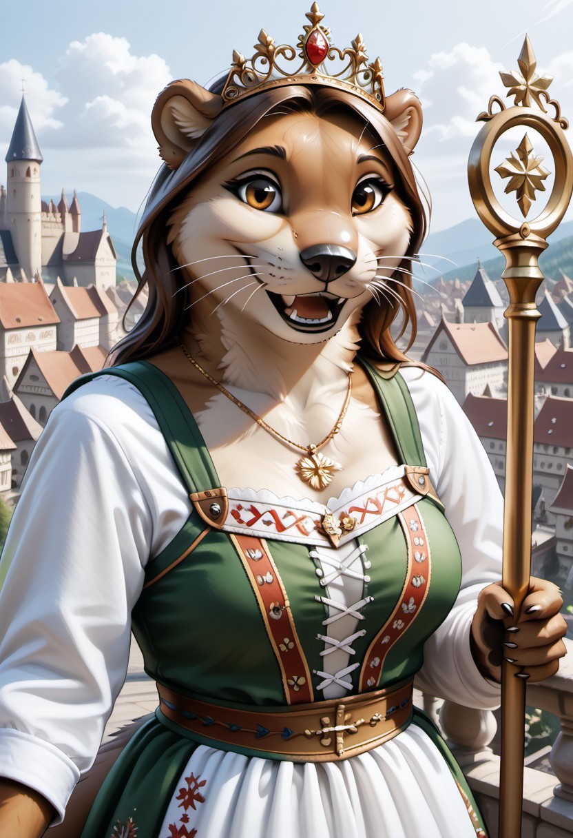 anthro, female otter, voluptuous figure, tufted fur, tufted ears, cheast tuft, otter tail, detailed fur, open smile, long brown hair, brown fur, brown eyes, otter teeth, medieval castle, solo, whiskers, medium breasts, seductive look, balcony, overview, medieval city, bunad, norwegian bunad, norwegian folklore dress, norwegian folklore costume, golden tiara, golden necklace, holding golden staff,