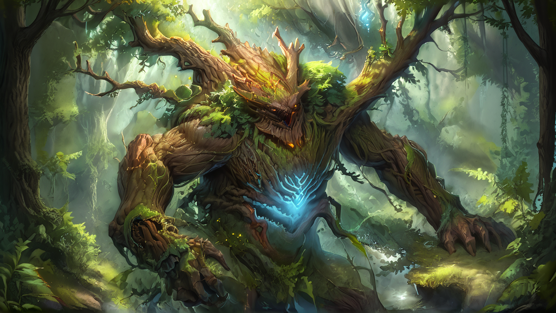 A colossal ancient treant, rough bark texture with deep grooves and glowing amber sap veins, twisted trunk torso, massive root-like legs digging into the soil, branch-like arms covered in moss and ivy, dense leafy foliage sprouting from its back, surrounded by a mystical forest with bioluminescent mushrooms, soft sunlight filtering through the canopy, hyper-detailed, fantasy realism, cinematic composition, vibrant natural colors  <lora:Treant:1> <lora:realistic_pony:0.8> <lora:xl_more_art-full_v1:0.8> 2 arms, bush in the back, lushious forest, leaves in the back, branches in the back <lora:Smite_Splash_Art_Style_v2:0.5>