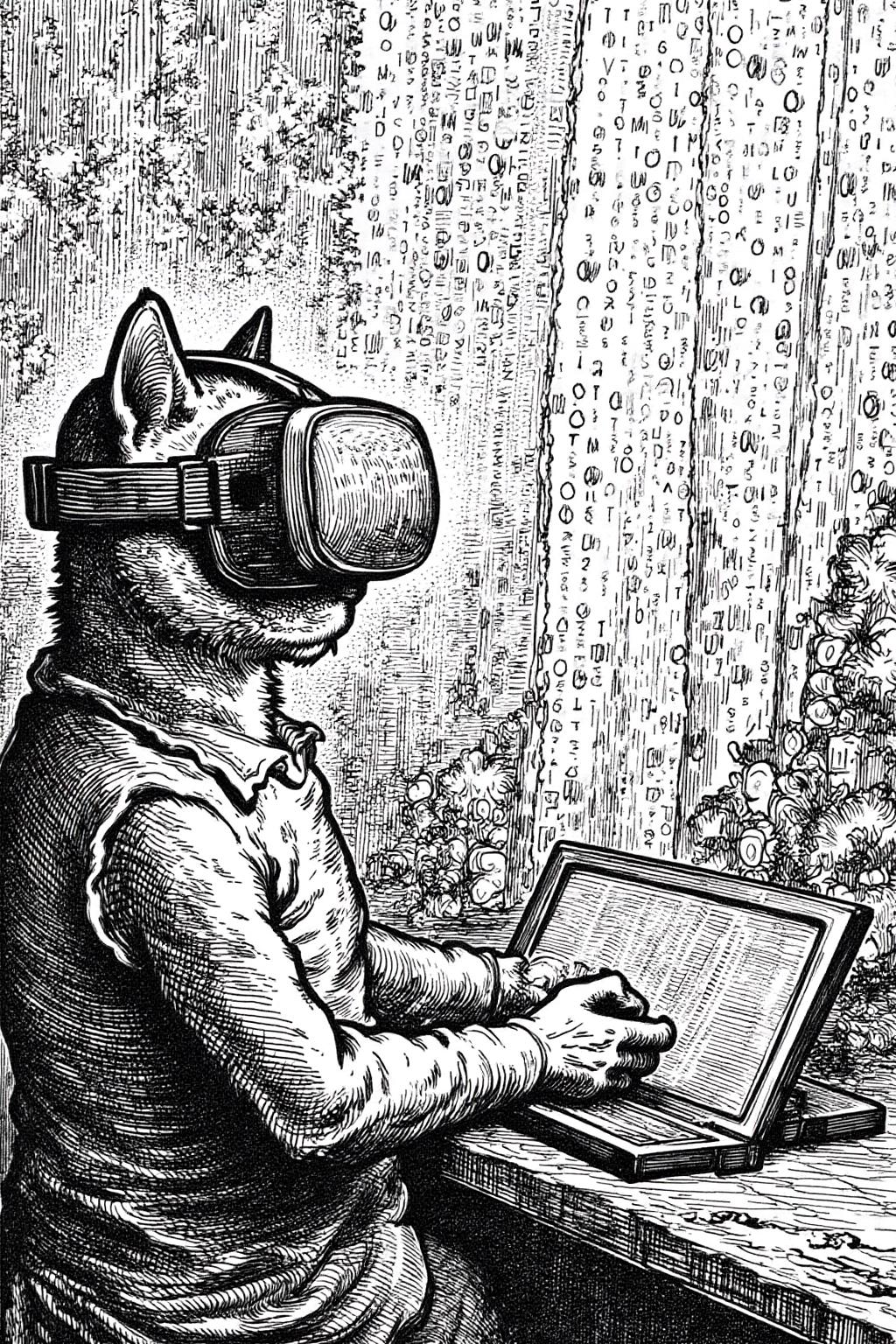 Black and white gusdore1 illustration.
A matrix code waterfall is filling the screen, double exposure with A cat playing game, wearing a VR Headset, looking up.  The headset is displaying the matrix code waterfall    <lora:gusdore1_flor2_d4a2:1.0><lora:799567132334625334:0>