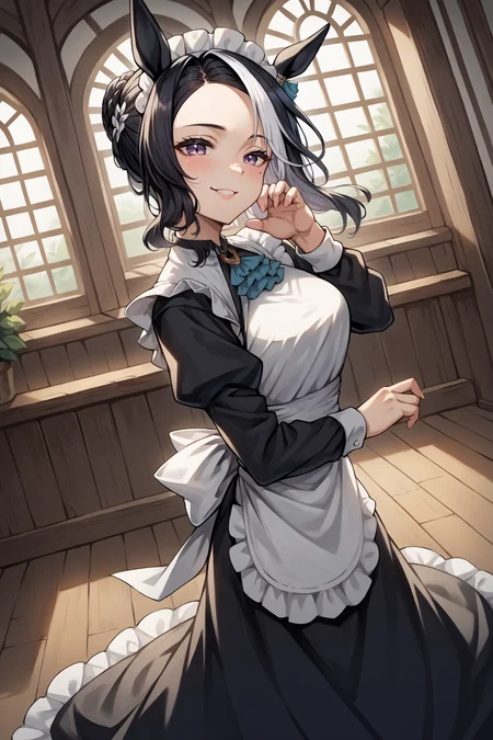 score_9, score_8_up, score_7_up, , rating_general,1girl , rmnsd, horse girl, multicolored hair, streaked hair, ear ornament, mole under eye,  maid headdress, maid, long long hair,  dynamic angle , source_anime,  cowboy shot, indoors, naughty face, smile, <lora:MejiroRamonuPDCAMEv3 UMA:1>, full body, from side,