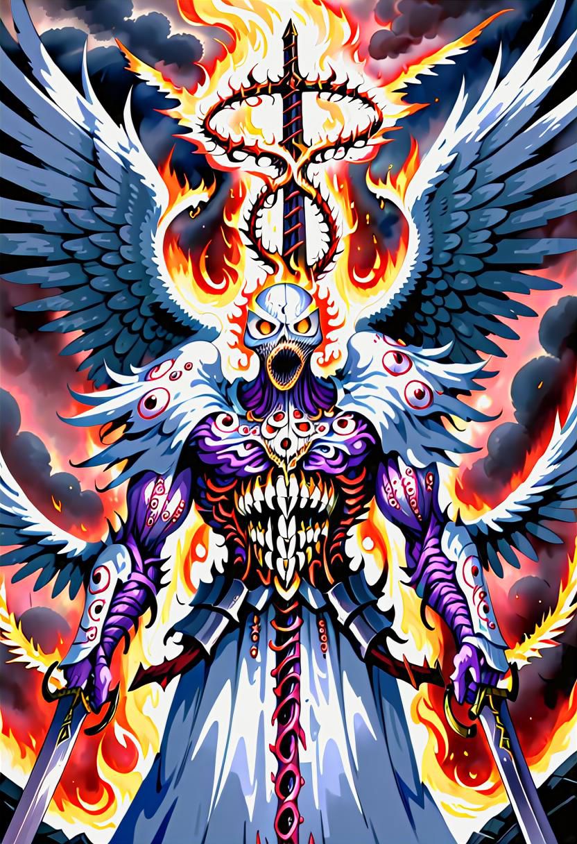 a fleshmutant angel covered in eyes and mouths holding a flaming sword of annihilation descends from the heavens,anime style,majestic,epic