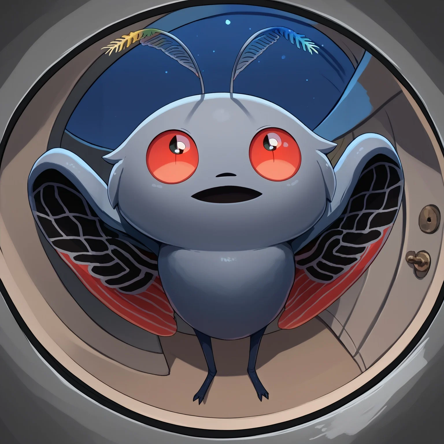 score_9,score_8_up,score_7_up,fisheye,eye_focus,mothman, pokemon \(creature\), red eyes, open mouth, antennae, , grey skin, wings, night, dark, ,
<lora:door_fisheye_v1:1> <lora:Mothman-pdxl_Fp:1>