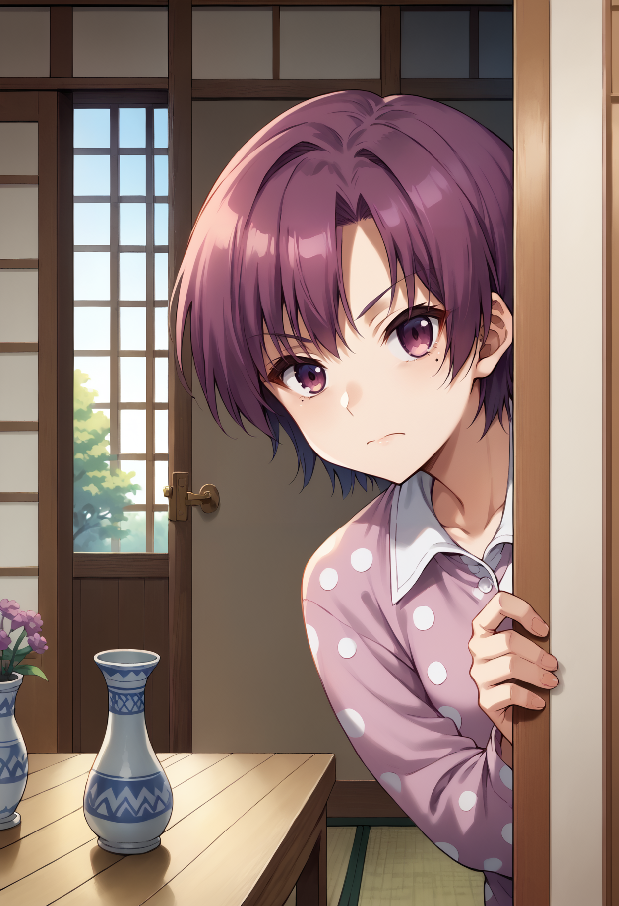 score_9, score_8_up, score_7_up, source_anime, 1girl, solo, looking at viewer, zzBazett, short hair, purple hair, mole under eye, pajamas, polka dot, indoors, peeking out, upper body, purple eyes, tatami, table, sliding doors, open door, day, sky, (porch:0.9), vase, hiding behind door, (east asian architecture:0.9), closed mouth