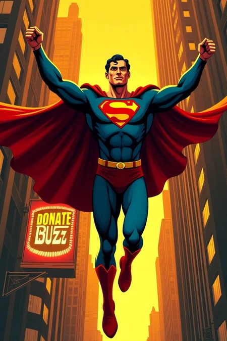 Superman soars through a glowing 1950s NYC skyline at golden hour, his silhouette framed by towering Art Deco skyscrapers bathed in warm amber hues. A vintage 'Donate Buzz' billboard flickers behind him, its neon glow reflecting off the surrounding windows. His iconic suit features a bold yellow lightning bolt emblem, standing out against the deep blue fabric, while his red cape billows dramatically in the wind. Rendered in a retro comic book style, the scene is filled with thick, expressive ink lines, halftone textures, and a vibrant color palette reminiscent of mid-century pulp covers, evoking the nostalgic energy of 1950s Americana