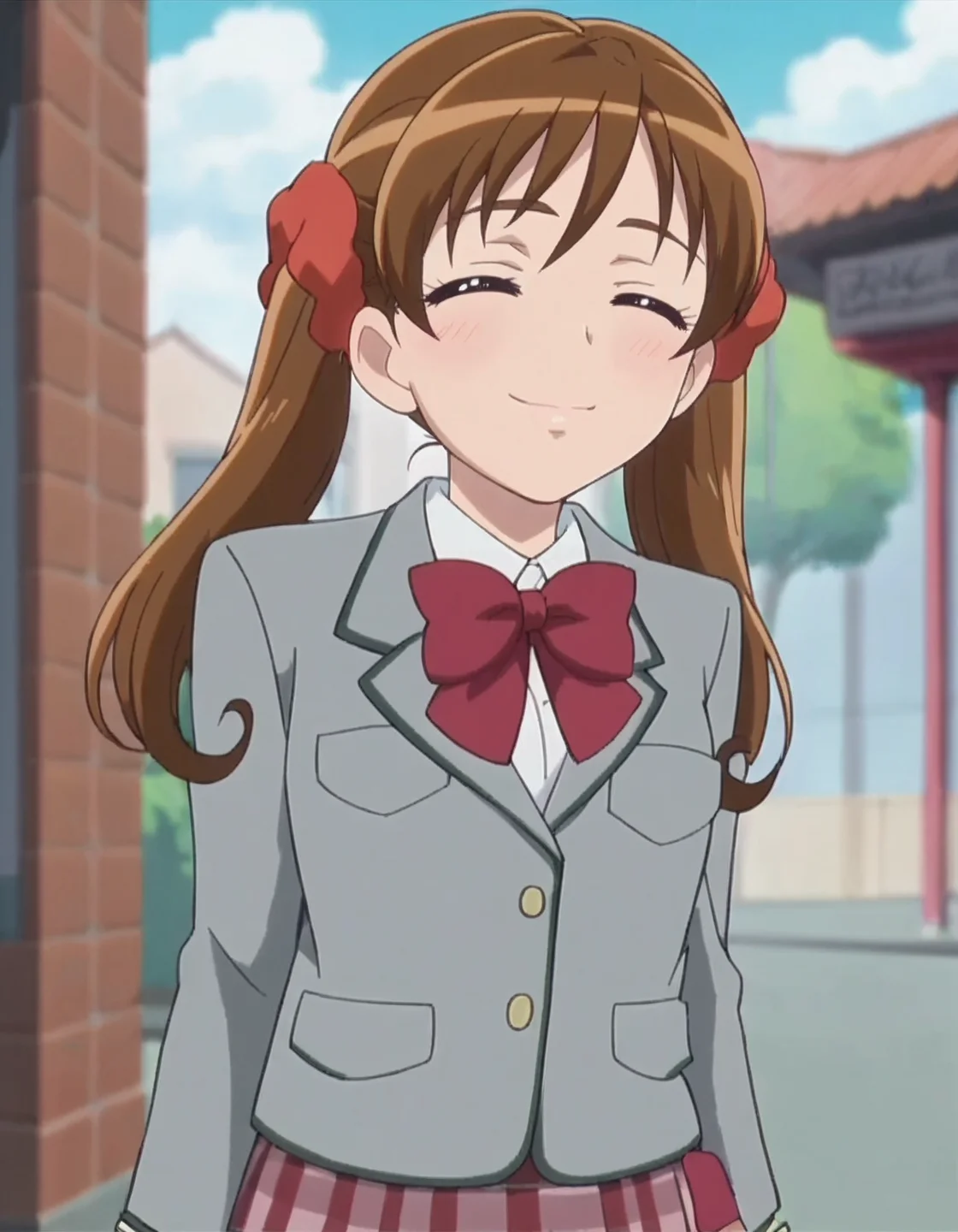 score_9, score_8_up, score_7_up,anime screencap,1girl,solo,sakagamiayumi, skirt, school uniform, bow, jacket, blazer, looking at viewer,smile, bowtie, plaid skirt, ribbon medium breasts,blush,closed eyes,<lora:sakagamiayumi:0.8>