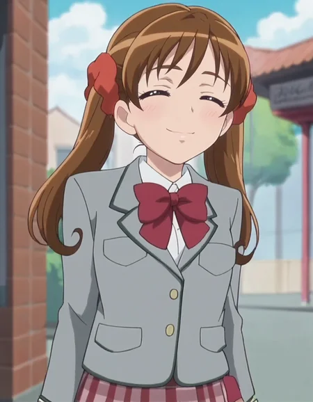 score_9, score_8_up, score_7_up,anime screencap,1girl,solo,sakagamiayumi, skirt, school uniform, bow, jacket, blazer, looking at viewer,smile, bowtie, plaid skirt, ribbon medium breasts,blush,closed eyes,<lora:sakagamiayumi:0.8>