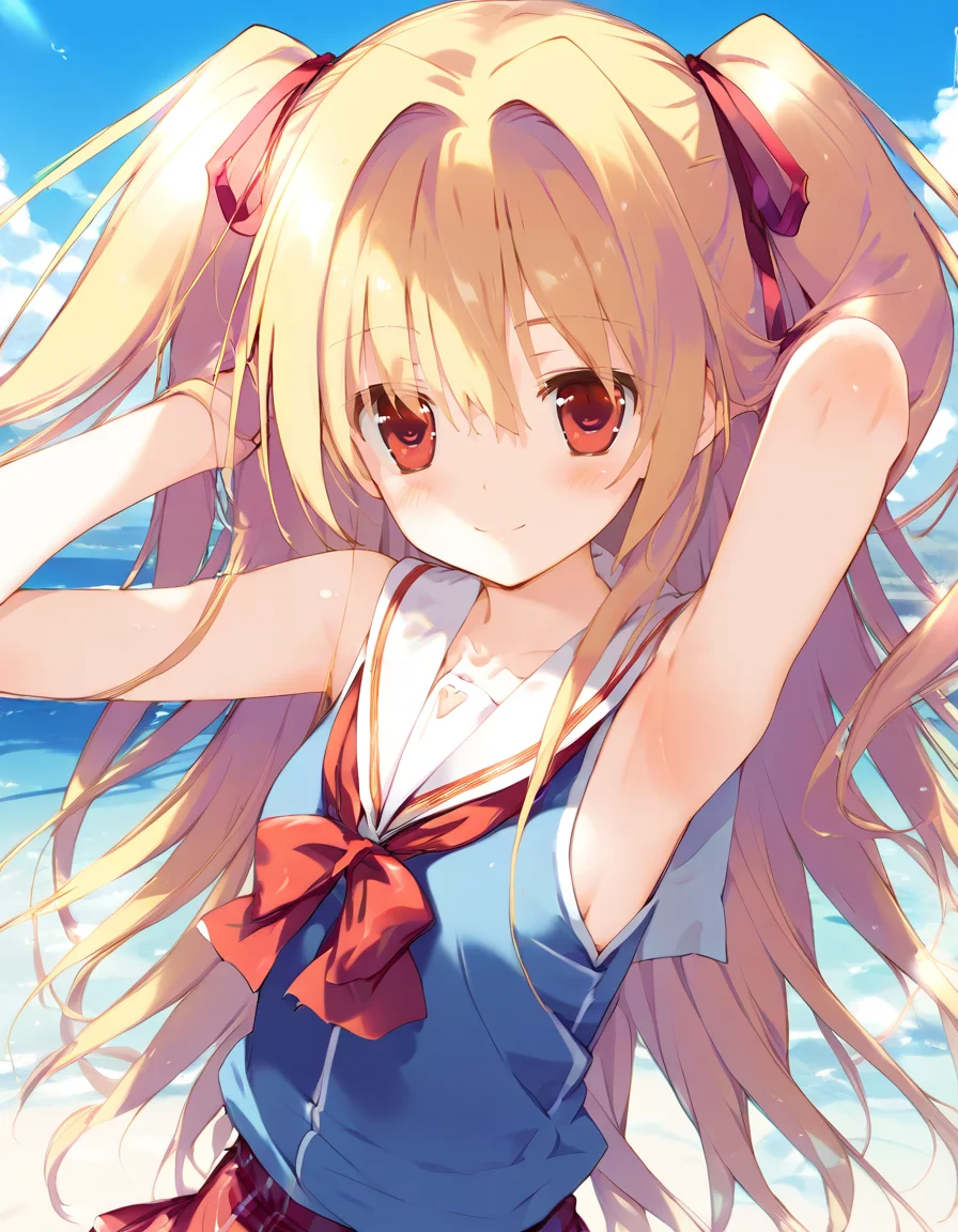 score_9, score_8_up, score_7_up,source_anime, best quality, highres, absurdres,1girl,nikaidou_shinku,blue shirt, two side up, school uniform, bare shoulders, red pleated skirt,(lab coat:-0.5) ,sleeveless,<lora:nikaidou_shinkuPDXLv2:1.0>, arms up, seductive smile, close-up,