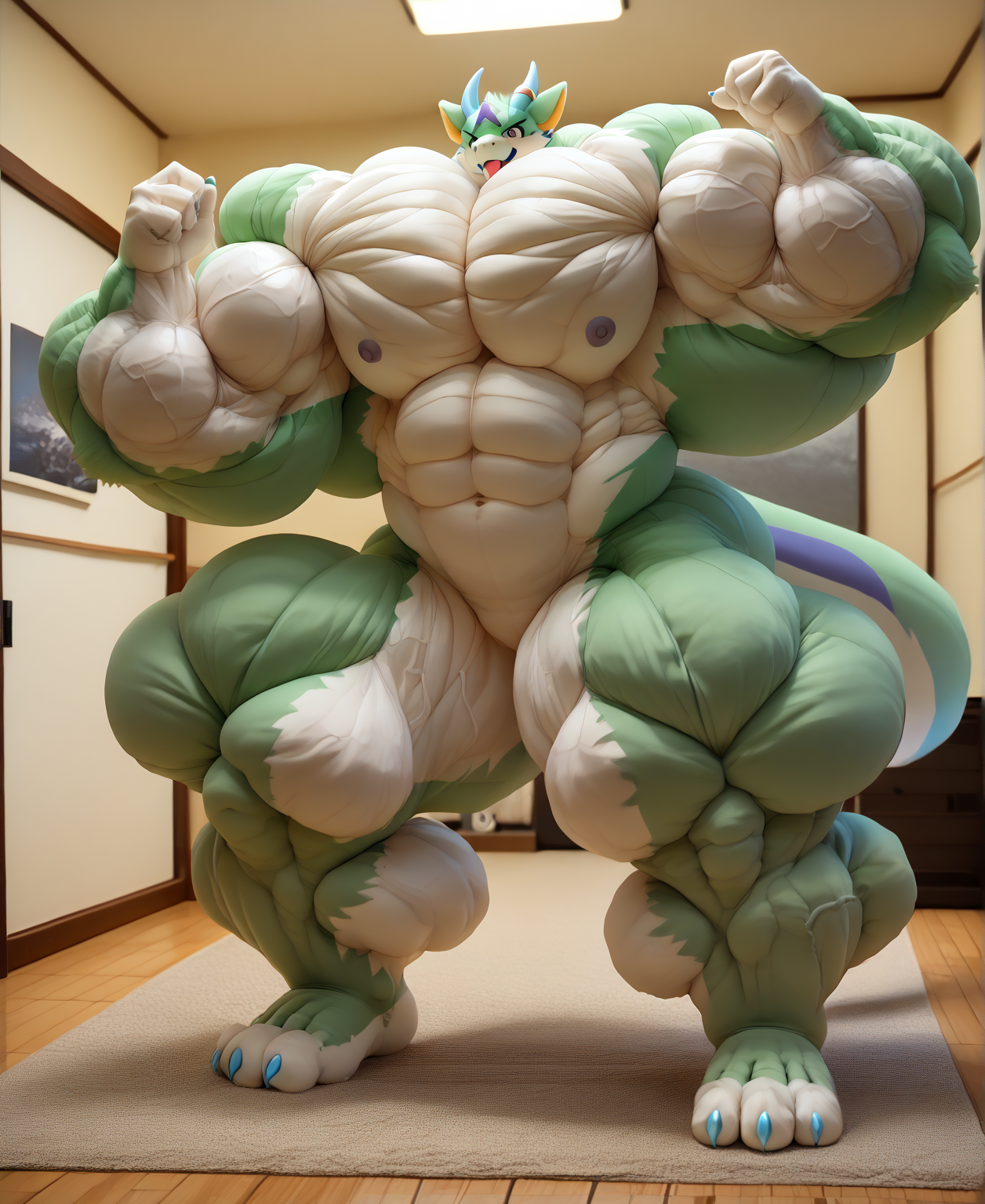 score_9, score_8_up, score_7_up, best quality, amazing quality, very aesthetic, absurdres, official art, intricate details, hyperdetailed, BRAKE, V-shaped body, (furry:1.3), Dragon, dragon feiyin, Kemono, source_furry, super hero, canine, furry, anthro, Hand clenched fist, Wide Open mouth, Stick out tongue, green and Dark green fur, Hyper muscles, Hyper Muscles Inflation, Hyper muscles Buff, full body muscles, Eight-pack abs, best quality, masterpiece, fursuit, furry focus, furry style, furry costume, Dragon anthropomorphic, anthro; moody lighting, bodybuilding competition proscenium, realistic, real shadow and light, depth of field, naked, naked body, Body veins, veiny arms, veiny thighs, veiny chest, (naked upper body), (((Super humongous muscles Bulk Up, Bulk Up, More Bulk Up))), ((((Full body Muscles Bulk Up, Bulk Up, Bulk Up Bulk Up Gigantamax))), (Super humongous muscles pump Bulk Up), (Body humongous muscles hyper Bulk Up:1.3), (humongous muscles bulk up:1.3), mature, Big bed, Sexybody, Angry face, hyper muscles, hyper muscular, Body keep muscular development, Body keep growth bulk up, hyper muscles Bulk Up, More strongest Muscles Bulk Up push the boundaries, More strongest Muscular Bulk Up push the boundaries, Full muscles Pump verys bigger, Full body muscles are Bulk Up, more and more muscles Increase are Break bounds, more and more muscles bigger are Break bounds, more and more muscular growth are Break bounds, more and more muscles veins are Break bounds, more strongest more and more Increase muscles push the boundaries, more strongest more and more muscles get bigger push the boundaries, More strongest Muscular and muscular Full Body push the boundaries, more strongest more and more gigantic body muscular push the boundaries, more strongest more and more gigantic muscles pumping push the boundaries, more strongest huge legs muscles Stronger push the boundaries, more strongest Body muscles contraction push the boundaries, Do muscular Bodybuilding sports on the stage.