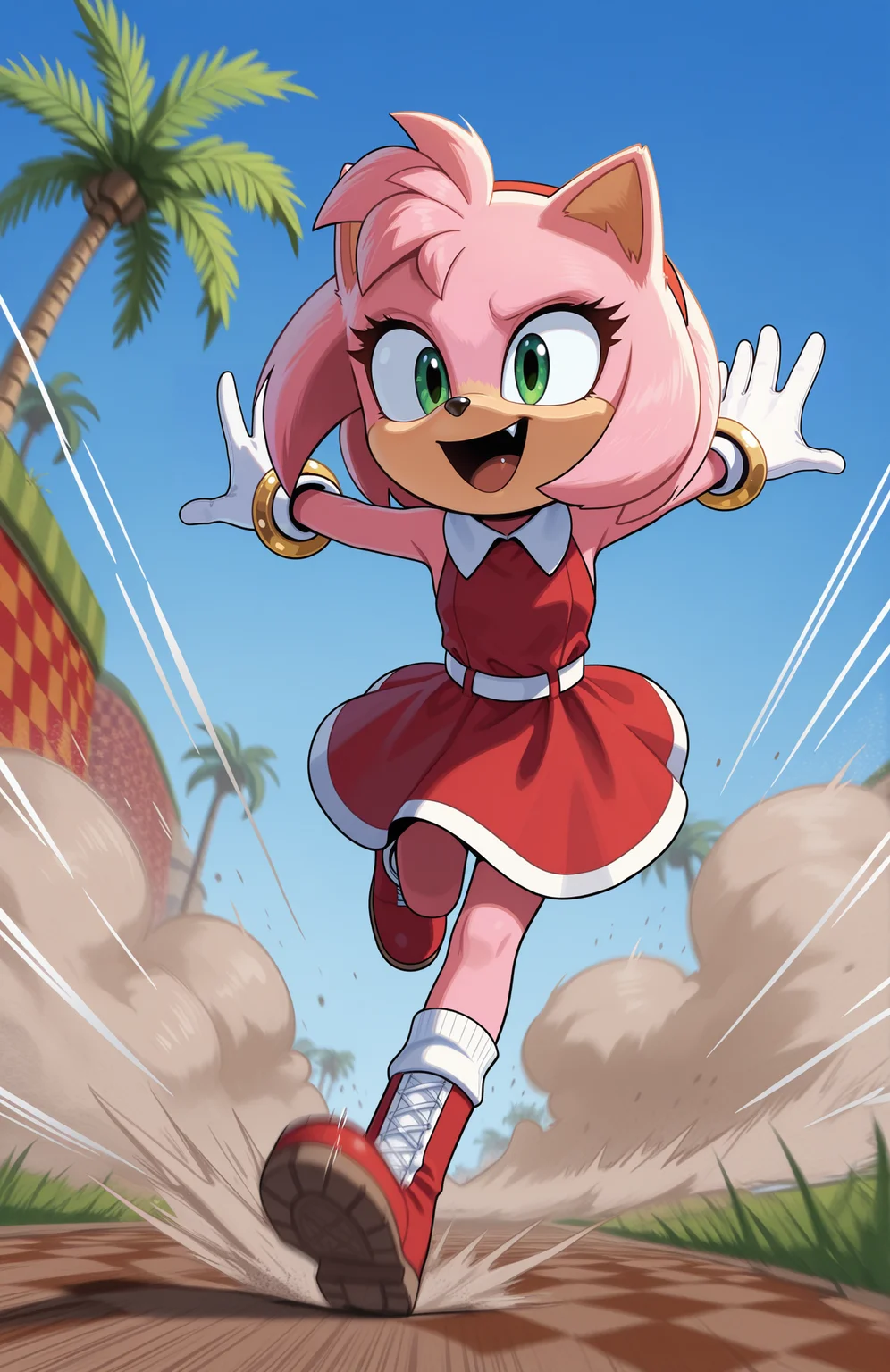 1girl, solo, full body, no humans,
<lora:Movie-Amy_v4-30:1> movieamy, petite, short legs, animal nose, pink fur, green eyes,
red hairband, red dress, sleeveless dress, backless outfit, white belt, collared dress, white socks, white gloves, standing, lace-up boots, red boots, gold bracelet,
happy, running, motion lines, motion blur, speed lines, :d, fang, outstretched arms,
<lora:Green_Hill_Zone-IL:0.8> gr33nh1ll, outdoors, blue sky, palm tree, grass, water, checkered dirt, dust cloud, extremely detailed, highres, masterpiece, best quality