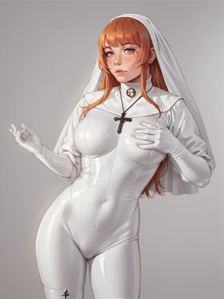 source_anime, score_9. score_8_up, score_7_up, score_6_up, score_5_up, score_4_up, (plump:0.3), large breasts, ginger hair, 1girl, <lora:Ch0w13nunPXL:0.6> ch0wb13nun, long hair, bodysuit, cross, white bodysuit, nun, white latex, latex bodysuit, simple background,