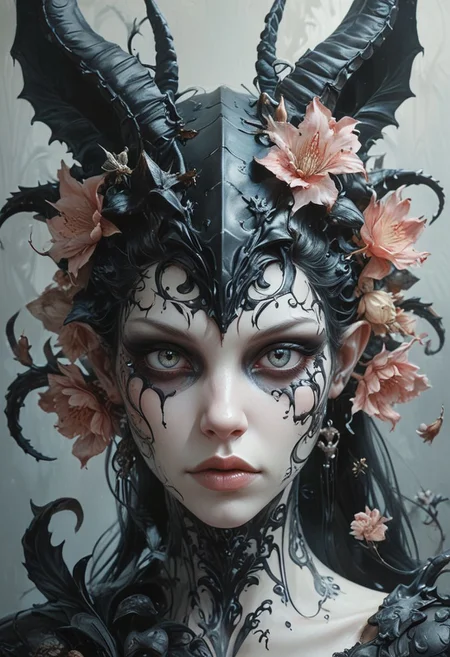 head and shoulders portrait of succubus with flowers aquatic motifs, by Giger, Tim Burton, Artgerm, hyperdetailed