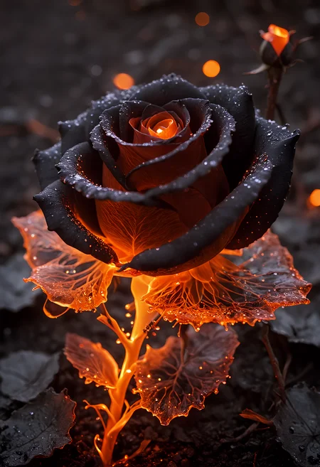 medium close-up beauty (((black rose)))++, it's petals edged with ((glowing, molten orange Light Painting)) like dying embers. Rests on a bed of dark, ((ash-covered ground)), ((iridescent oil slicks)) reflecting the dying light, Intricate. Emerging from its center, a ((complex fractal design)), resembling a ((polished steel flower)), shimmers with an otherworldly glow, frozen lakeside. The composition juxtaposes the dark bokeh, melancholic beauty of the rose with the sharp, cold elegance, creating a dramatic and surreal masterpiece, Fujifilm X-T4 Mirrorless Camera., (masterpiece, award winning artwork) many details, extreme detailed, full of details, Wide range of colors, high Dynamic <lora:add-detail-xl:1> <lora:WildcardX-XL-Detail-Enhancer:0.9> <lora:aidma-Image Upgrader-v0.1:1> <lora:SDXLFaeTastic2400:0.085> <lora:MJ52:0.185> <lora:aidmaLightPainting-v0.1:0.5> Light Painting <lora:sinfully_stylish_SDKL:0.11> <lora:casting shadow style v2:0.3> <lora:CinematicStyle_v1:0.42> casting shadow style, cucoloris patterned illumination