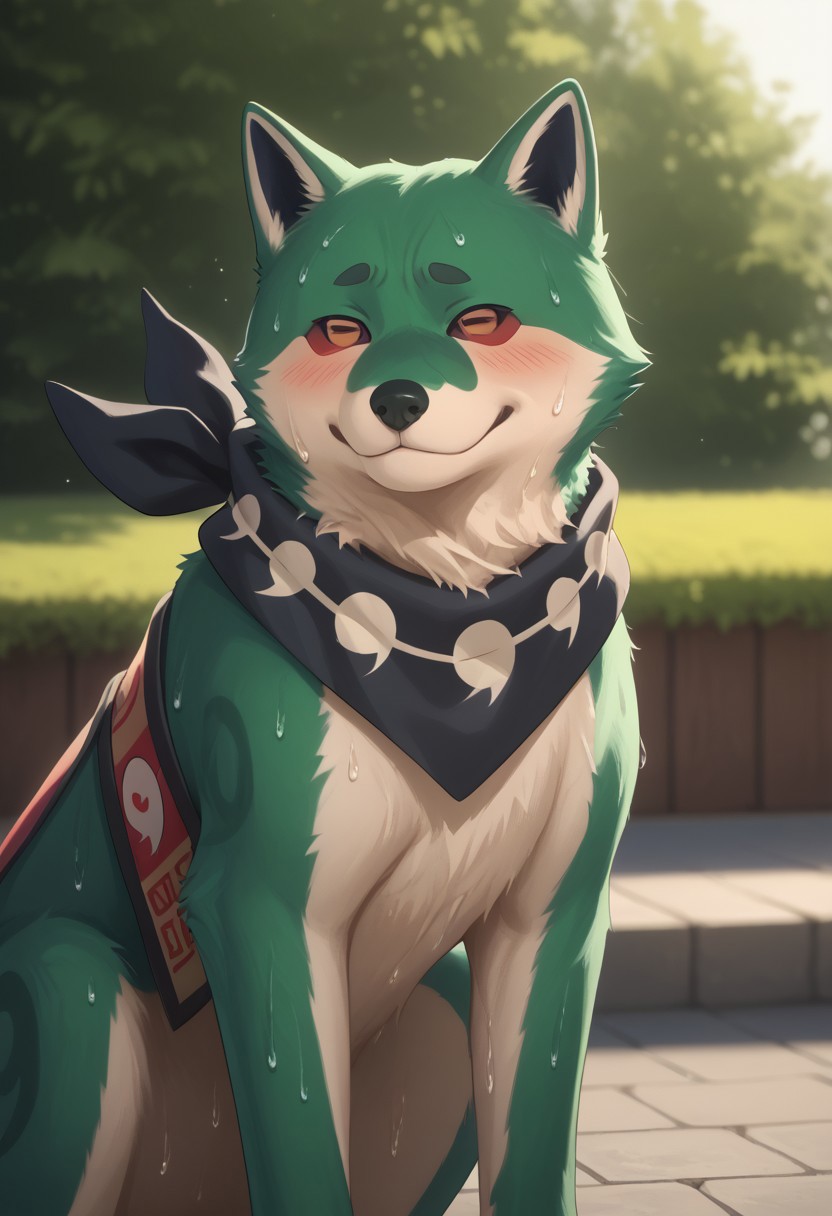 very detailed, highly detailed face, perfect face, perfect eyes, depth of field, perfect soft lighting, best shadows, perfect reflections, volumetric, detailed image,score_9, score_8_up, score_7_up, score_6_up,,dog, green fur, white fur accents, short fur, yellow sclera ,brown eyes, dark eyebrows, pointed ears, black nose, black bandana, red and black vest, yin-yang symbol, geometric patterns, muscular body,round nose,bushy tail,sweaty, excessive sweating, blushing, dynamic, immersive, perfect reflections, volumetric, detailed image, high resolution, muscular, strong chest, masterpiece, detailed face, , Expressiveh,,sexy expression, detailed sweat, sweaty, sexy expression, detailed sweat, close up, side angle, smug,smile,sun background,day,sky,