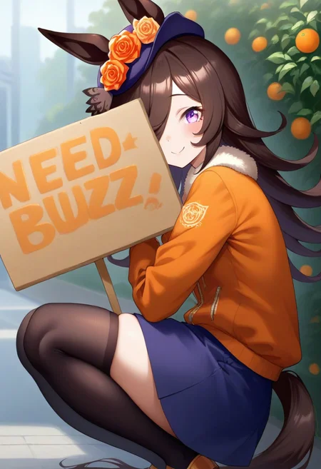 (umamusume,rice_shower_(umamusume),) 1girl, long_hair, long_sleeves,, solo, (need_buzz, buzz, need_buzz, holding sign, holding sign ),
, blood orange style,from side, black_thighhighs, outdoor,pg,
orange flower, orange jacket, orange rose,
(animal_ears, blue_skirt, brown_hair, flower, hair_over_one_eye, hat, horse_ears, horse_girl, horse_tail, jacket, long_hair, looking_at_viewer, purple_eyes, purple_hat, rose, skindentation, skirt, smile, solo, standing, tail,
linea_alba,squatting, looking at viewer, tilted_headwear, shaded face, fake smile, nervous sweat, wavy mouth, , very awa, general, :0.8)