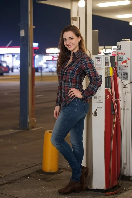 30yo American woman wearing flannel shirt and jeans
Dynamic varying pose.
Gas station. Night time.
Fog.
Dark smooth long hair ponytail. smiling.
Looking at camera.
Full body.