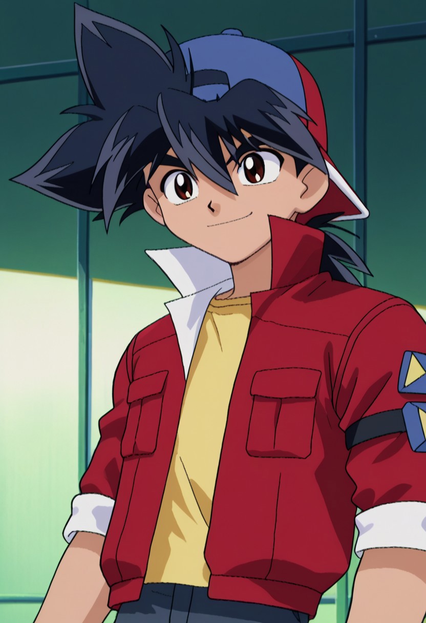 score_9, score_7_up, source_anime
takakinom, 1boy, male focus, solo, brown eyes, black hair, spiked hair, hat, baseball cap, backwards hat, shirt, yellow shirt, jacket, red jacket, popped collar, open jacket, open clothes, smile
outdoor,