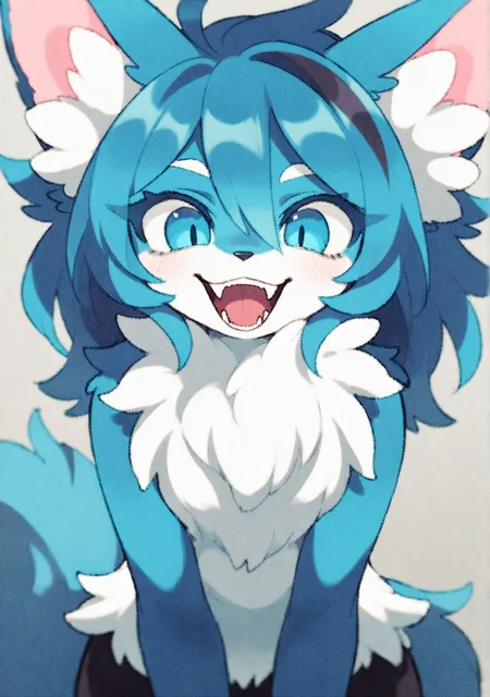 ffsyt, 1girl, solo, blue fur, fluffy ears, long chest fluff, paws, black claws, straight on, smile, teeth, fangs,
masterpiece, best quality, amazing quality